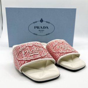 PRADA Logo Jacquard Slide Sandal White and Red Store Display Shoe